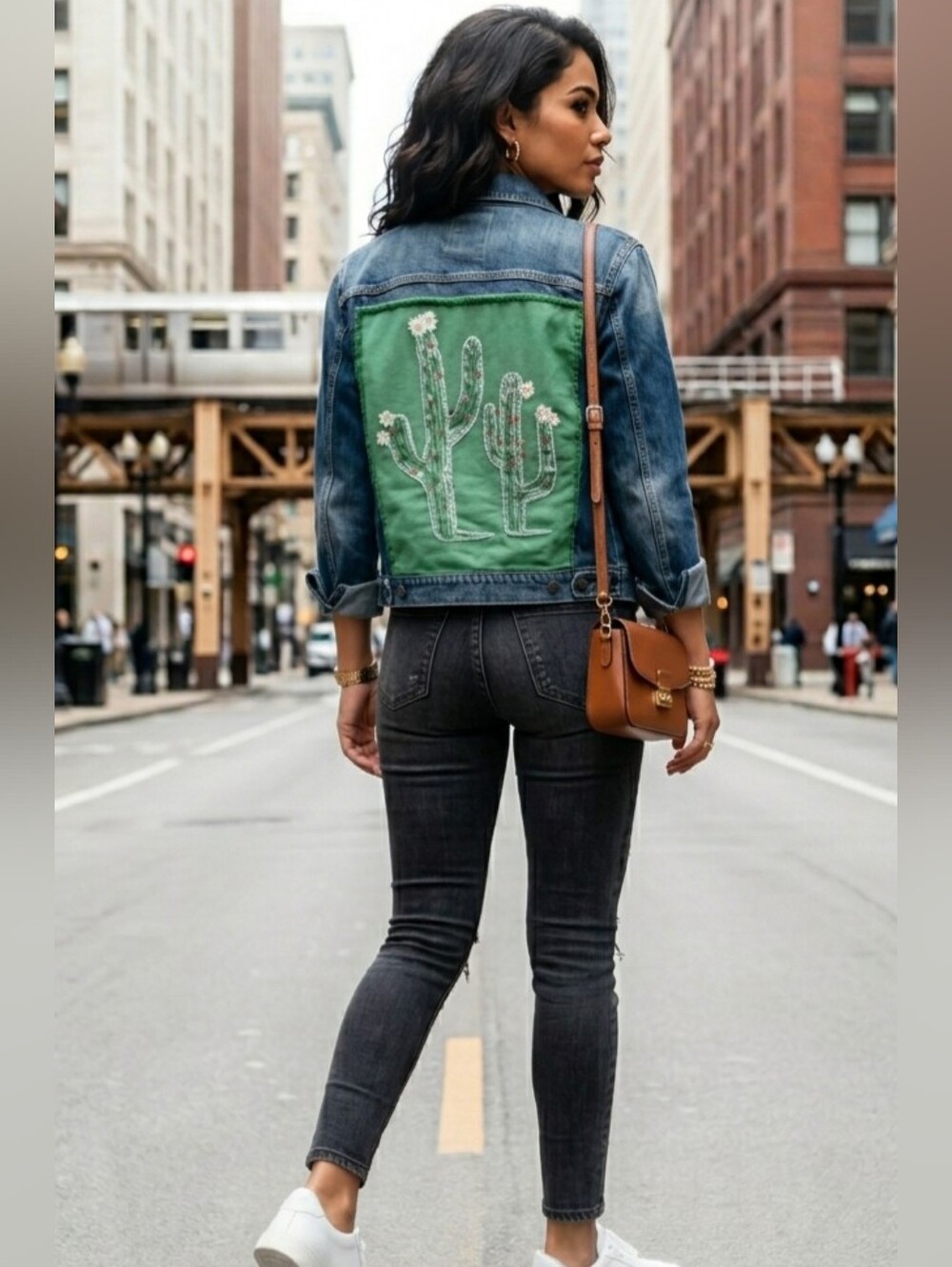 Upcycled Cactus Embroidered Denim Jacket - Women's Blue Jean Jacket
